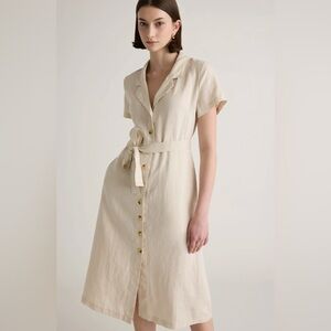 Quince Women 100% European Linen Button Front Dress Basic Sleeved Cream XS